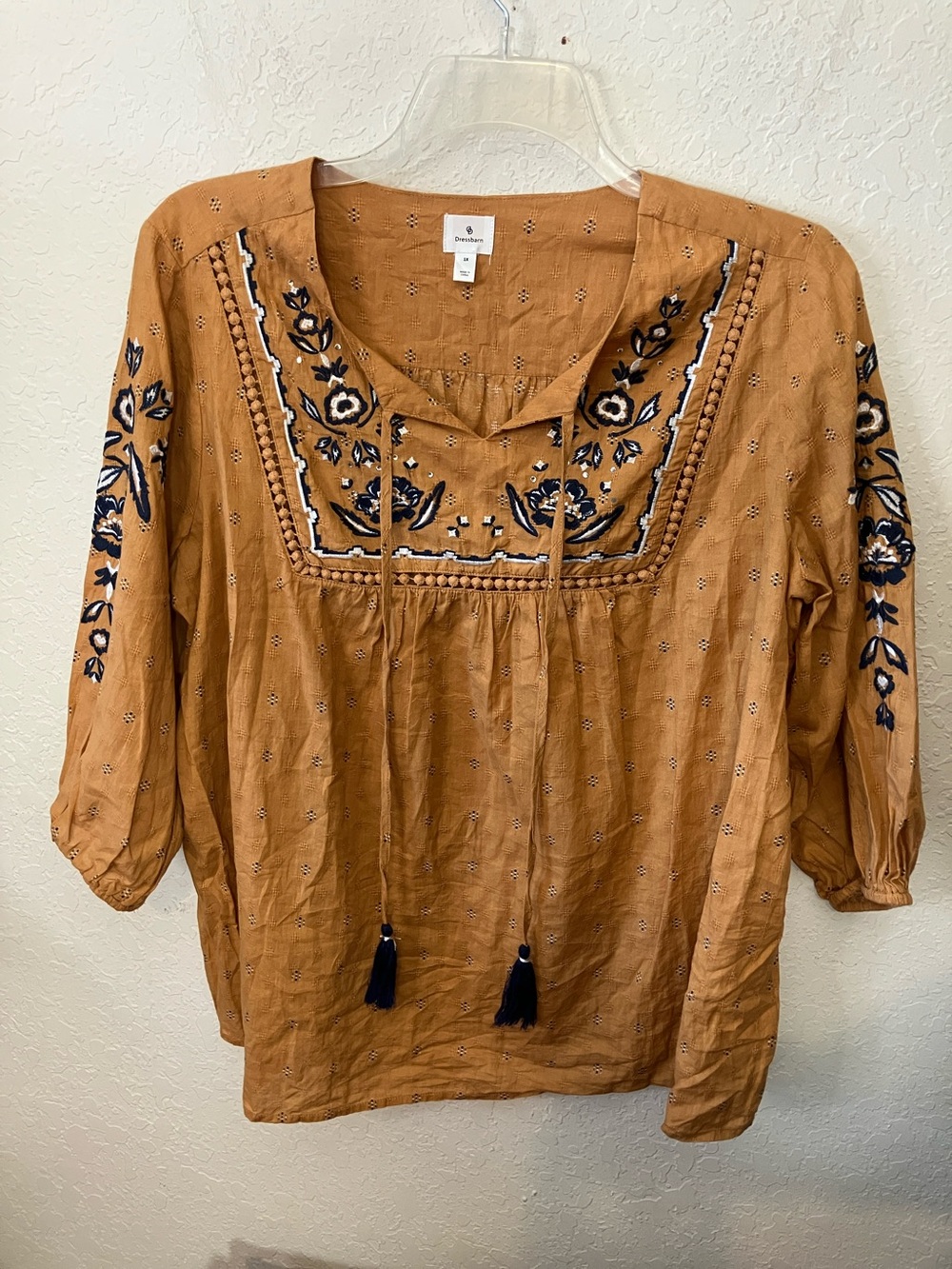 Dressbarn Mustard Embroidered Peasant Tunic with Navy Accents